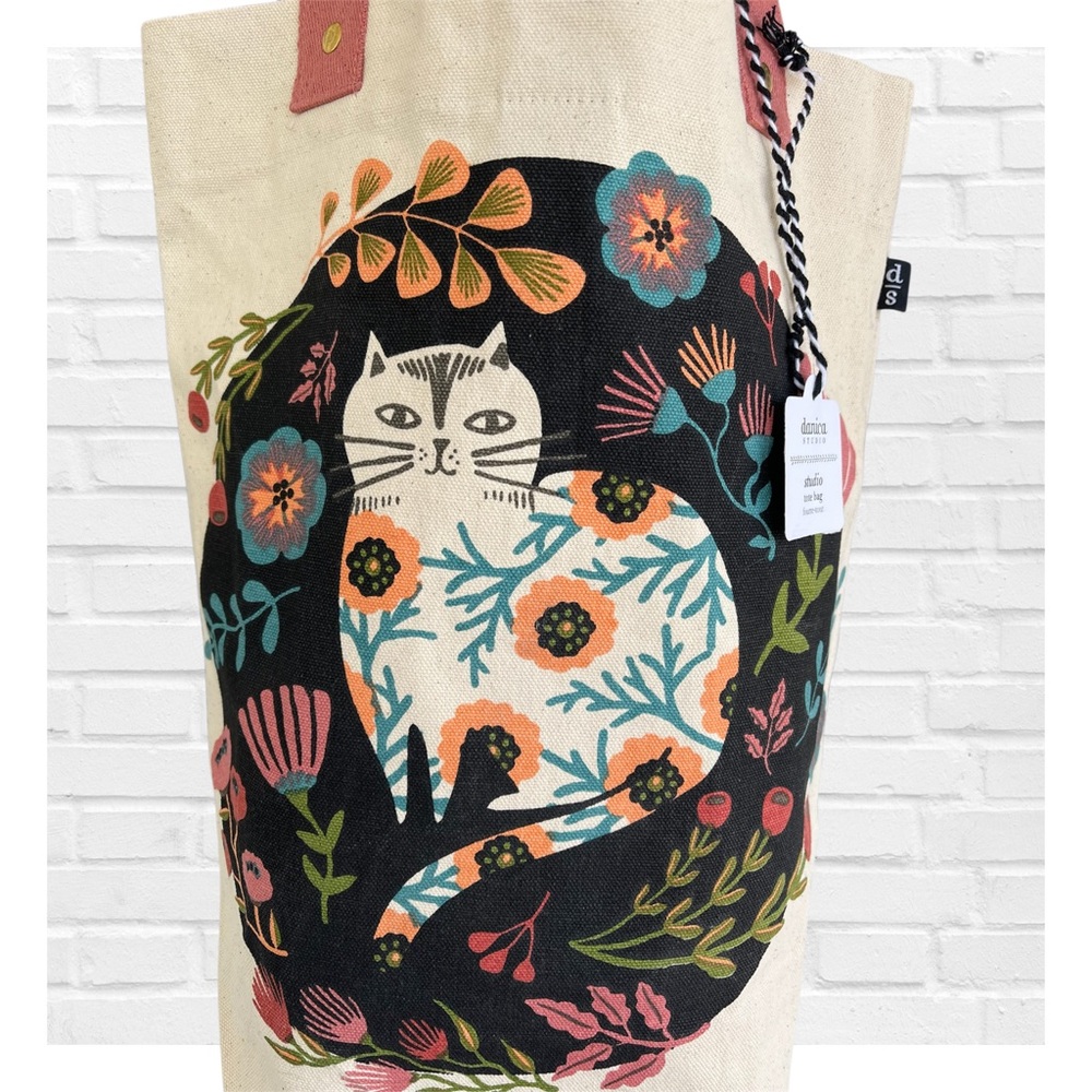 Canvas Cat Tote Bag by — Cream with Black, Coral and Teal Floral Design